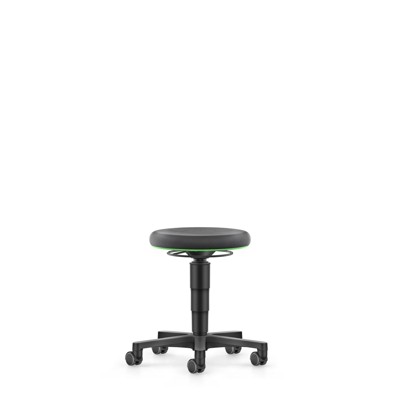 bimos - Allround Hocker, Supertec-Polster mit 400 mm Durchmesser, grüner Farbring, Kunststoff-Fußkreuz mit Rollen, Sitzhöhe von 450-650 mm