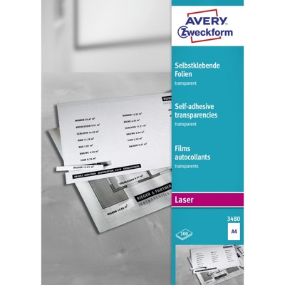 AVERY™ Zweckform - 3480 Transparente, selbstklebende Folien, A4, einseitig beschichtet, 100 Bogen