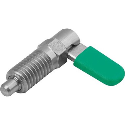KIPP - SPERRRIEGEL MIT ANSCHLAG, LINKS, D=5, M10, FORM:C M. GEWINDEHÜLSE, M. KAPPE, EDELSTAHL BLANK, KOMP:POLYPROPYLEN GRÜN
