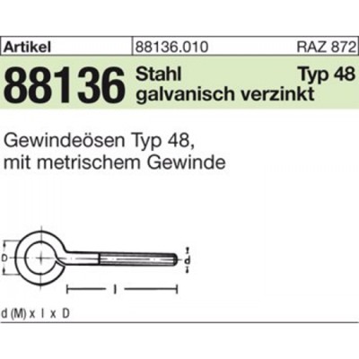 NOBRAND - ART 88136 Gewindeösen Stahl Typ 48 M 6 x 80 galv. verzinkt gal Zn S