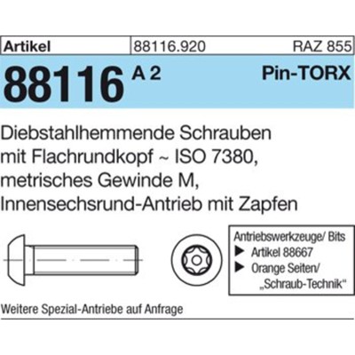 NOBRAND - Sicherheitsschraube, Linsenkopf ISO 7980 ART 88116, M8 x 16 mit Pin-TORX® T40